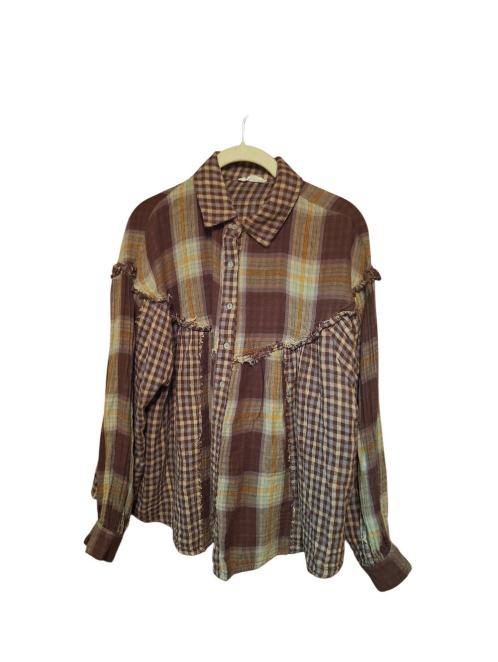In Loom Plaid Top Ruffled Button Up Fray Trim Bohemian Long Sleeves Medium BROWN
